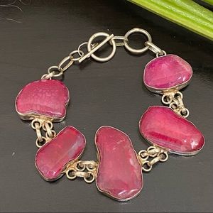 925 Silver Pink Flourite Agate Chunky Bezel Gemstone Toggle Bracelet